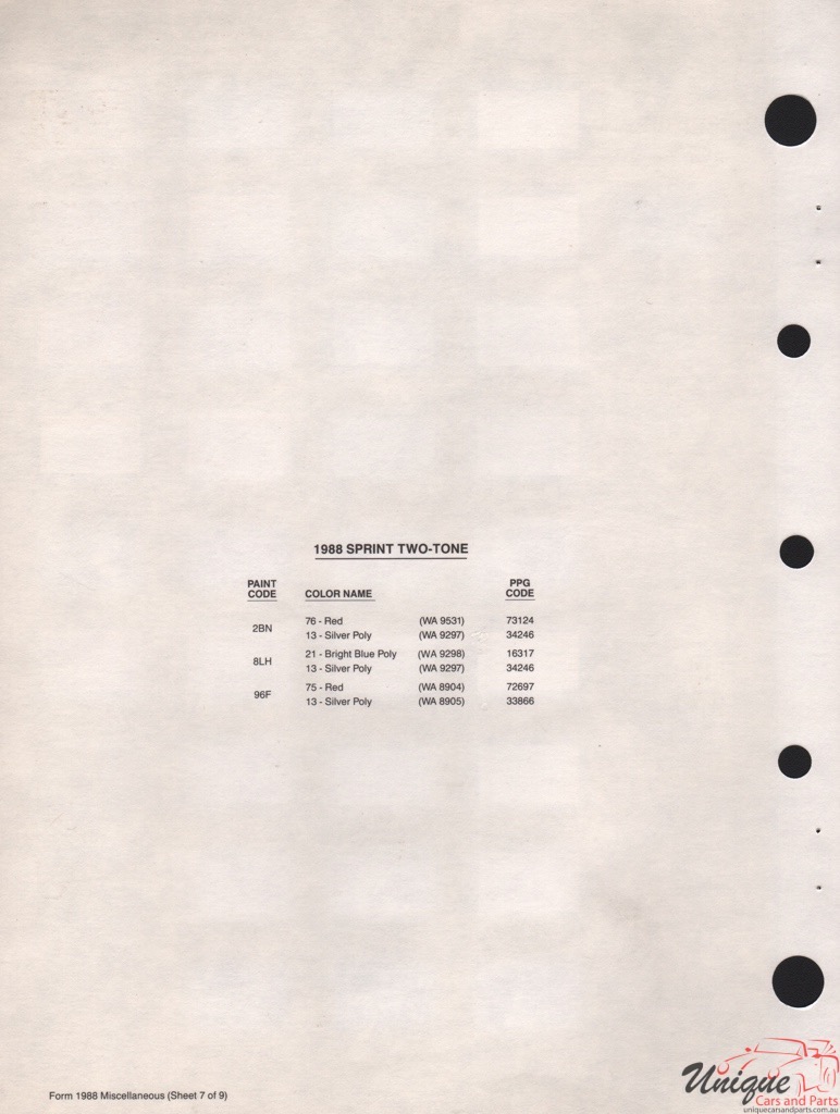 1988 GM GEO Paint Charts PPG 25
